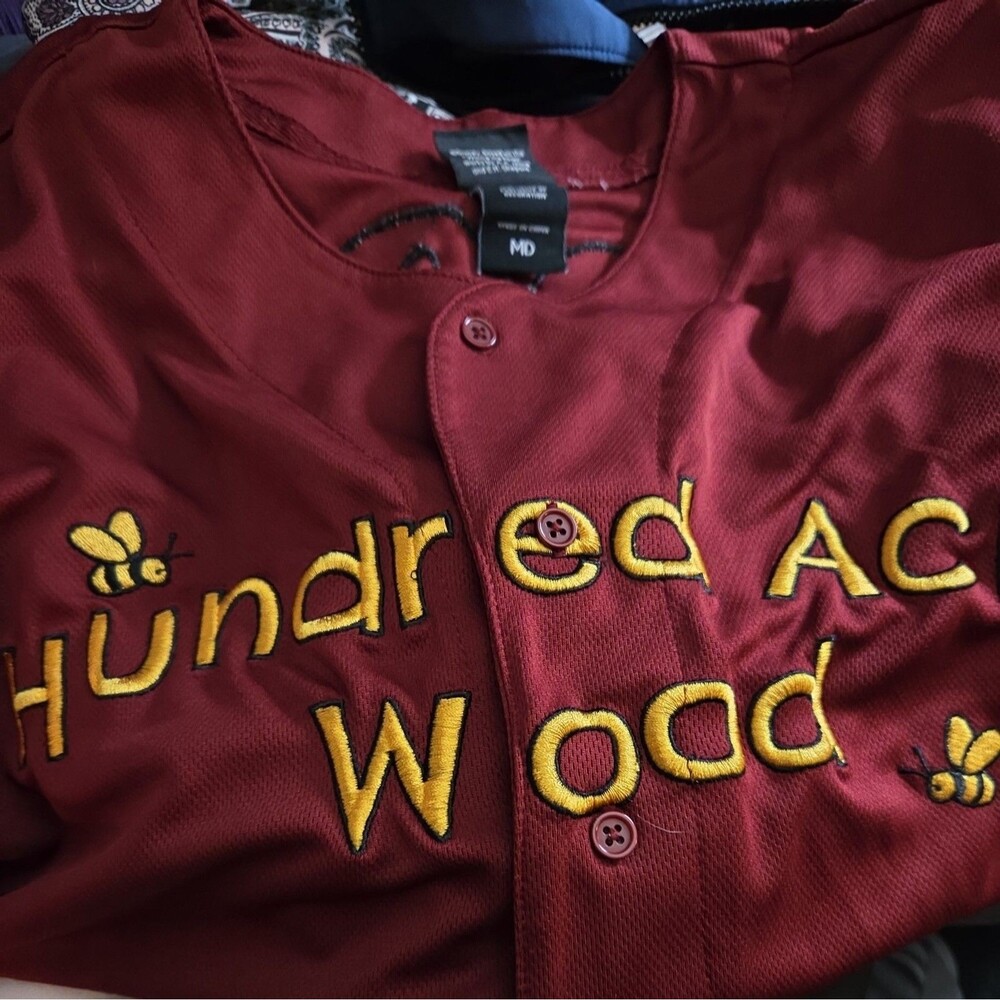 Disney Winnie The Pooh Baseball Jersey MD Red Hundred Acre Wood Embroidered